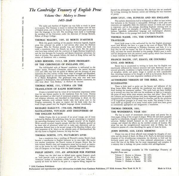 George Rylands : The Cambridge Treasury Of English Prose Vol. 1 : Malory To Donne, 1485-1640 (LP, Mono)