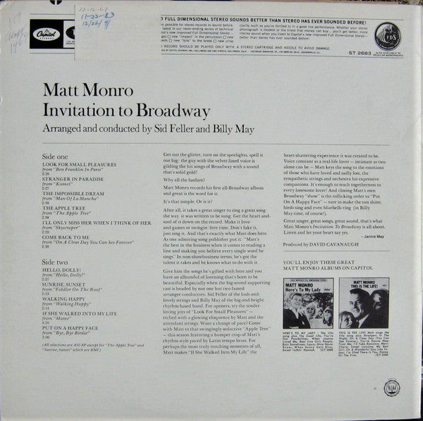 Matt Monro : Invitation to Broadway (LP, Album)