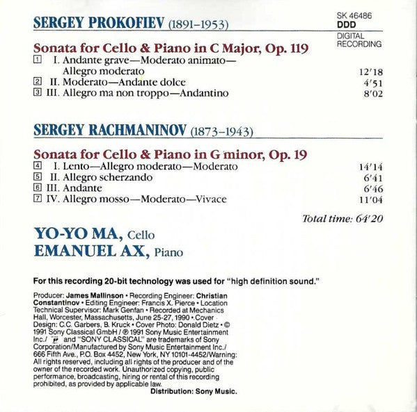 Sergei Vasilyevich Rachmaninoff • Sergei Prokofiev - Emanuel Ax • Yo-Yo Ma : Cello Sonatas (CD, Album)