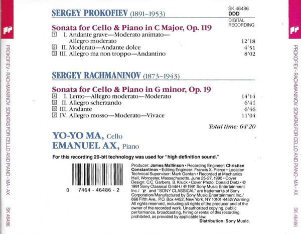 Sergei Vasilyevich Rachmaninoff • Sergei Prokofiev - Emanuel Ax • Yo-Yo Ma : Cello Sonatas (CD, Album)
