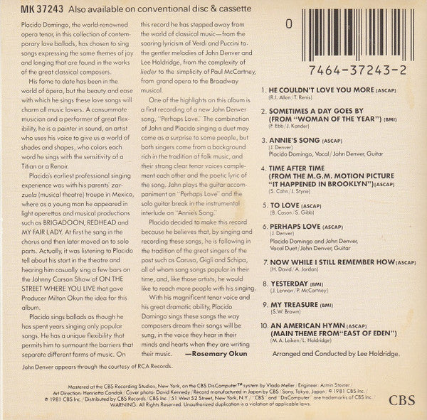 Placido Domingo With John Denver : Perhaps Love (CD, Album, RE)