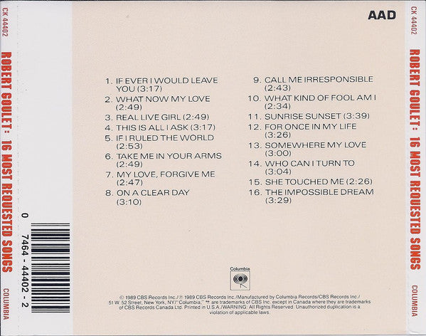 Robert Goulet : 16 Most Requested Songs (CD, Comp)