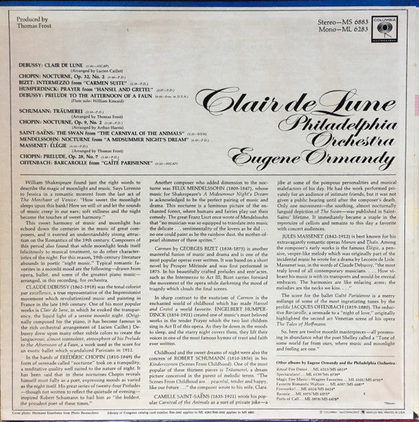 The Philadelphia Orchestra, Eugene Ormandy : Clair De Lune (LP, Album, Pit)
