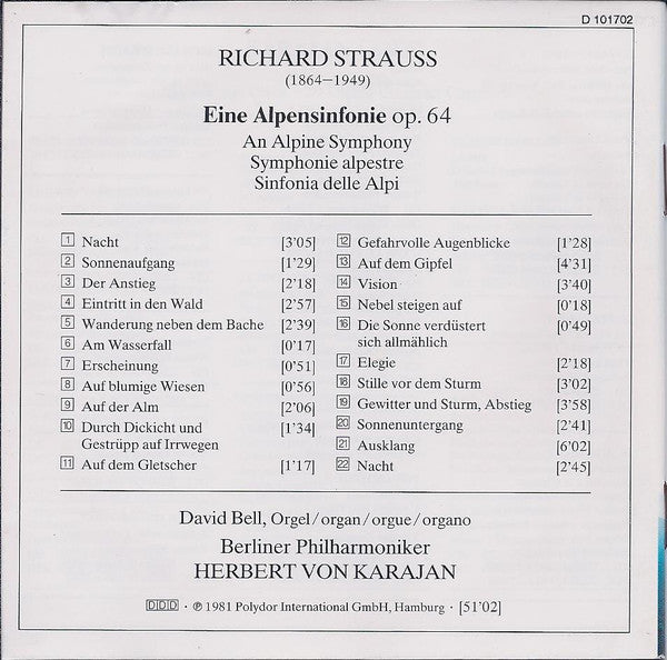 Richard Strauss, Berliner Philharmoniker • Herbert von Karajan : Eine Alpensinfonie = An Alpine Symphony = Symphonie Alpestre (CD, Album, Club, RE, RM)