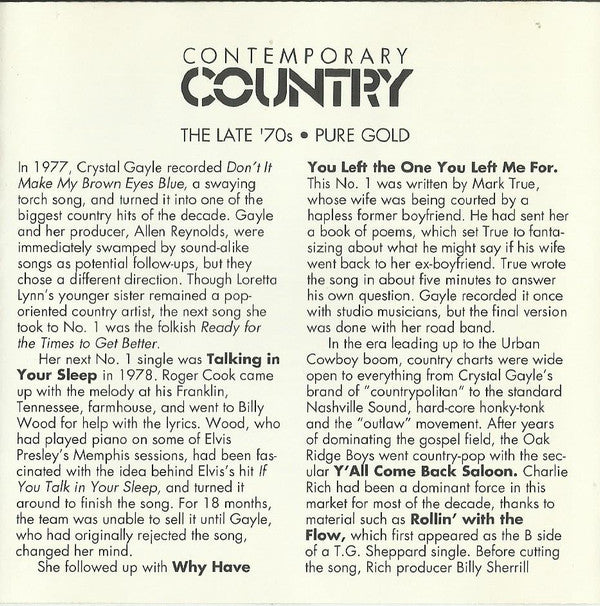 Various : Contemporary Country • The Late '70s • Pure Gold  (CD, Comp, RM)