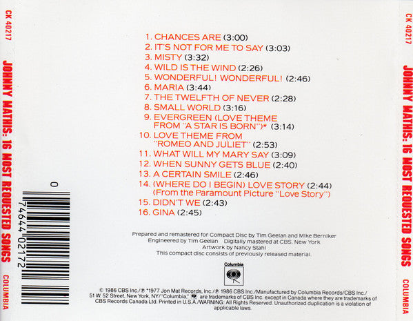 Johnny Mathis : 16 Most Requested Songs (CD, Comp, RE, RM)