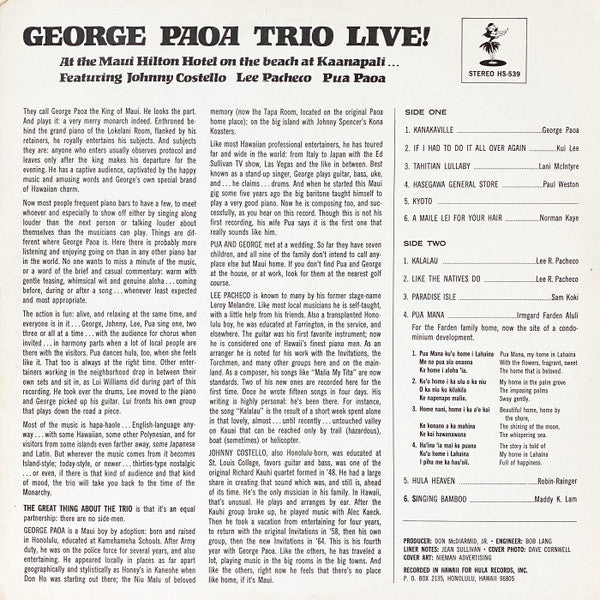 George Paoa Trio : Live! (LP, Album)