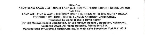 Lionel Richie : Can't Slow Down (Cass, Album, Club)