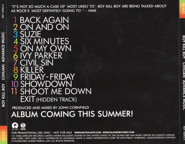 Boy Kill Boy : Civilian (CD, Advance, Album, Promo)