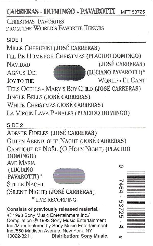 José Carreras, Placido Domingo, Luciano Pavarotti - Christmas Favorites From The World's Favorite Tenors (Cassette) (VG) - Endless Media