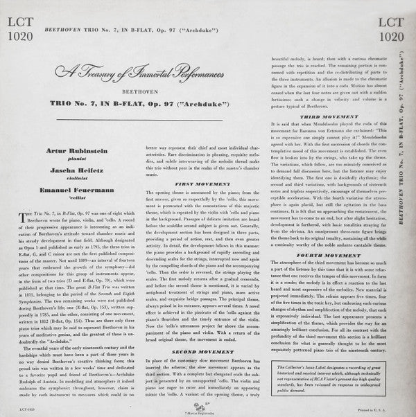 Ludwig van Beethoven, Arthur Rubinstein, Jascha Heifetz, Emanuel Feuermann : "Archduke" Trio No. 7, In B-Flat, Op. 97 (LP, Mono)
