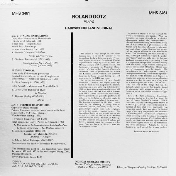 Roland Götz (2) : Roland Götz Plays Harpsichord And Virginal (LP)