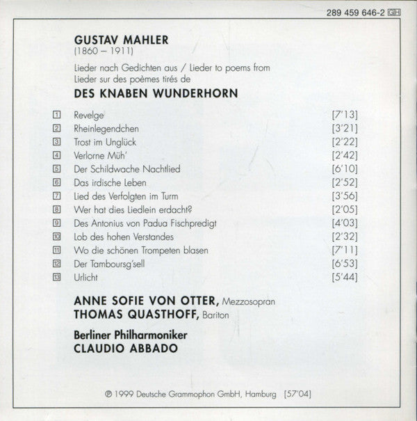 Gustav Mahler - Anne Sofie von Otter, Thomas Quasthoff, Berliner Philharmoniker, Claudio Abbado : Des Knaben Wunderhorn (CD)