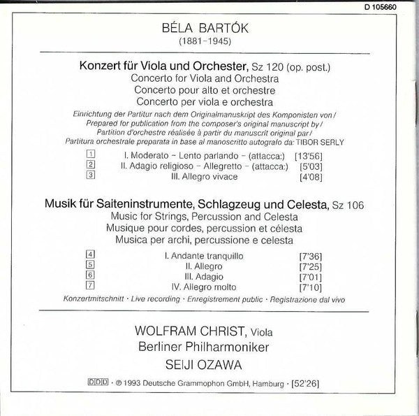 Béla Bartók, Wolfram Christ, Berliner Philharmoniker, Seiji Ozawa : Musik Für Saiteninstrumente, Schlagzeug Und Celesta = Music For Strings, Percussion And Celesta · Bratschenkonzert = Viola Concerto (CD, Album, Club)