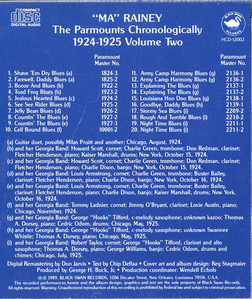 Ma Rainey : The Paramounts Chronologically 1924-1925 Volume Two (CD, Comp)