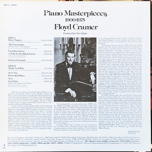Floyd Cramer : Piano Masterpieces 1900-1975 (LP, Comp, Ind)
