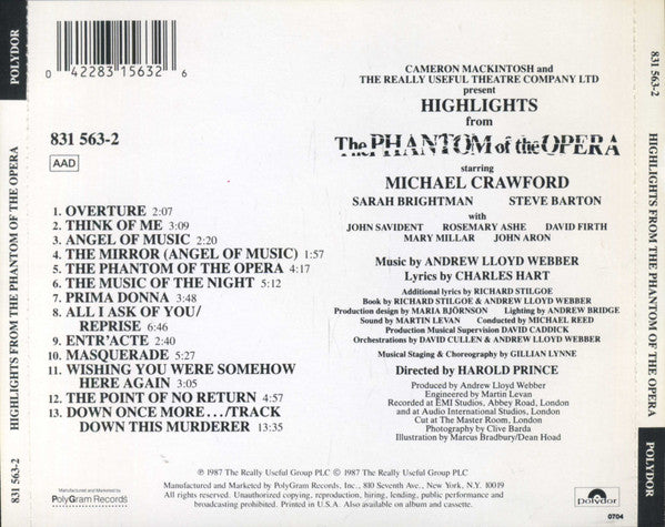 Andrew Lloyd Webber, Michael Crawford, Sarah Brightman, Steve Barton : Highlights From The Phantom Of The Opera (The Original Cast Recording) (CD, Album, PDO)