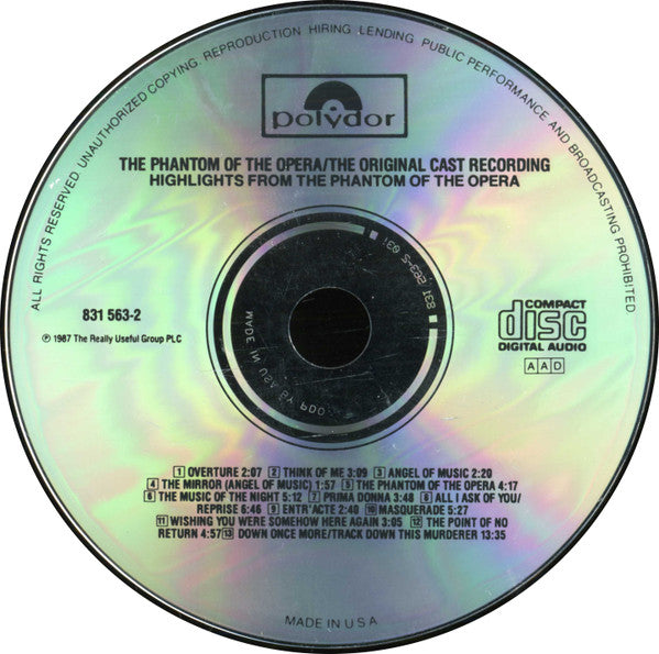 Andrew Lloyd Webber, Michael Crawford, Sarah Brightman, Steve Barton : Highlights From The Phantom Of The Opera (The Original Cast Recording) (CD, Album, PDO)