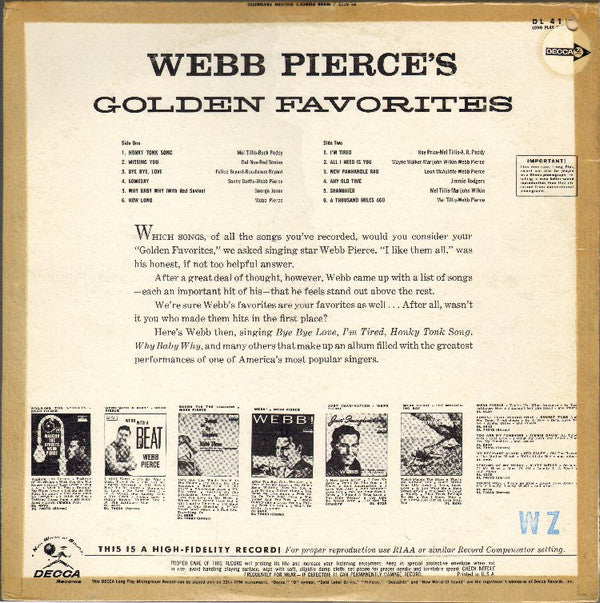 Webb Pierce : Webb Pierce's Golden Favorites (LP, Comp, Mono)