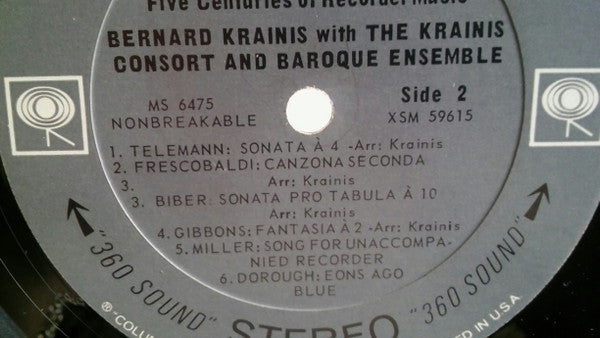 Bernard Krainis With The Krainis Recorder Consort And The Krainis Baroque Ensemble : Sweet Pipes: Five Centuries Of Recorder Music (LP)