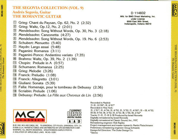 Andrés Segovia : The Segovia Collection (Vol. 9): The Romantic Guitar (CD, Comp, Mono, Club)