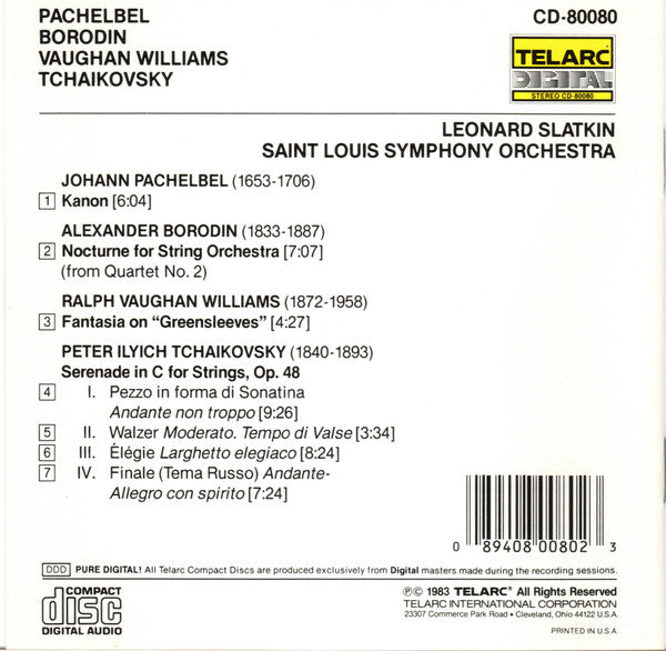 Johann Pachelbel, Pyotr Ilyich Tchaikovsky, Ralph Vaughan Williams, Alexander Borodin, Leonard Slatkin, Saint Louis Symphony Orchestra : Kanon • Serenade • Fantasia On "Greensleeves" • Nocturne (CD, Album, RE)