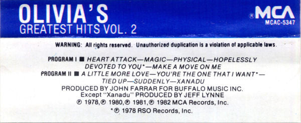 Olivia Newton-John : Olivia's Greatest Hits Vol. 2 (Cass, Comp)