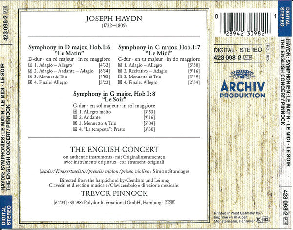 Joseph Haydn, The English Concert, Trevor Pinnock : Symphonies "Le Matin - Le Midi - Le Soir" (CD)