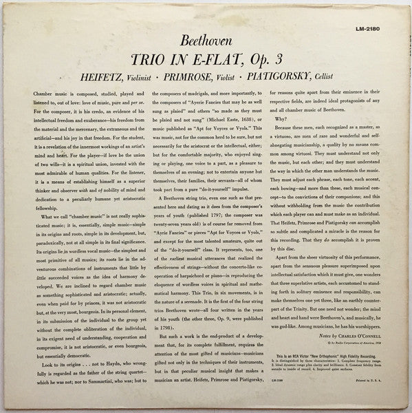 Ludwig van Beethoven, Jascha Heifetz, William Primrose, Gregor Piatigorsky : Trio In E-Flat, Op. 3 (LP, Album, Mono)
