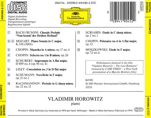 Vladimir Horowitz : Bach/Busoni · Chopin · Liszt · Moszkowski · Mozart · Rachmaninov · Schubert · Schumann · Scriabin (CD, Album)