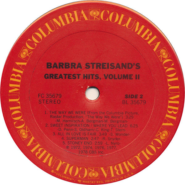 Barbra Streisand : Barbra Streisand's Greatest Hits - Volume 2 (LP, Comp, San)