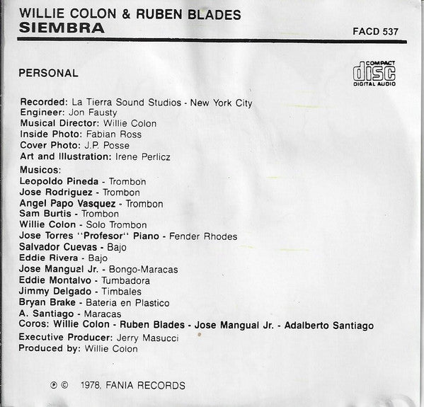Willie Colón & Ruben Blades : Siembra (CD, Album, RE)