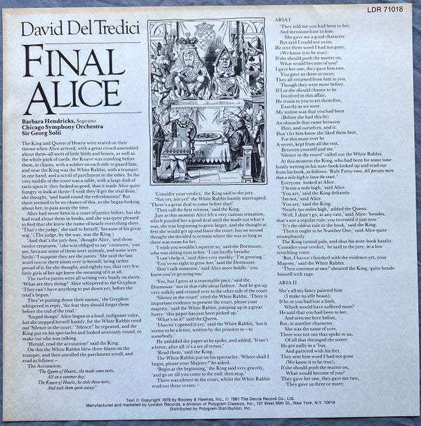 David Del Tredici, Barbara Hendricks, Chicago Symphony Orchestra, Georg Solti : Final Alice (LP)