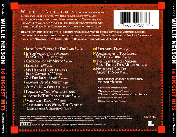 Willie Nelson : 16 Biggest Hits (HDCD, Comp)
