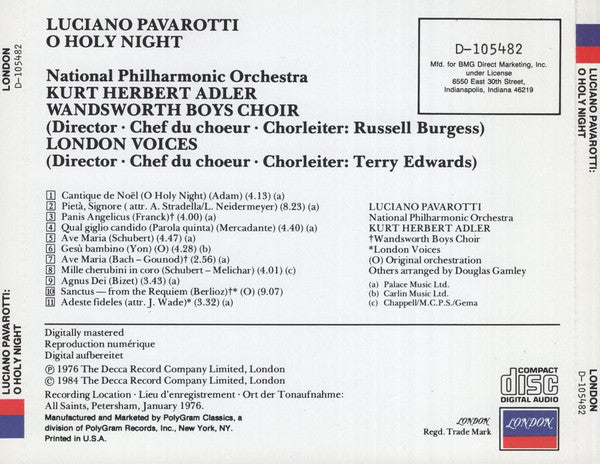 Luciano Pavarotti, National Philharmonic Orchestra, Kurt Herbert Adler : O Holy Night (CD, Album, Club, RE)