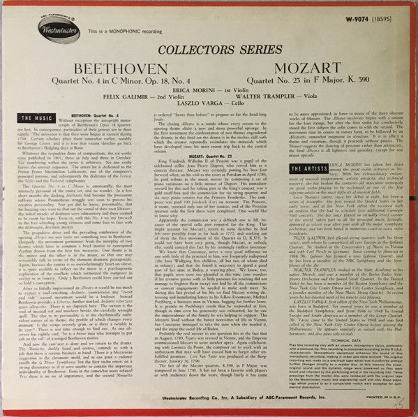 Ludwig van Beethoven / Wolfgang Amadeus Mozart, Erica Morini, Felix Galimir, Walter Trampler, Laszlo Varga : Quartet No.4 In C Minor, Op.18, No.4 / Quartet No.23 In F Major, K.590 (LP, Album, Mono, RE, RM)