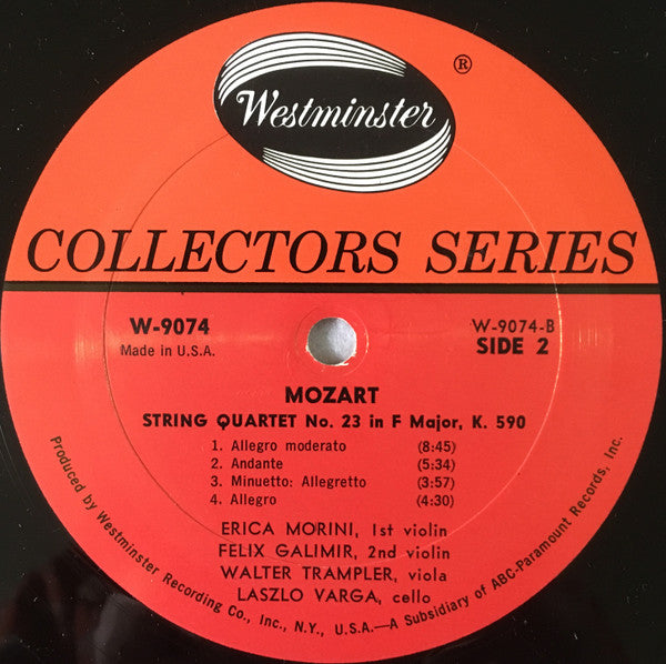 Ludwig van Beethoven / Wolfgang Amadeus Mozart, Erica Morini, Felix Galimir, Walter Trampler, Laszlo Varga : Quartet No.4 In C Minor, Op.18, No.4 / Quartet No.23 In F Major, K.590 (LP, Album, Mono, RE, RM)