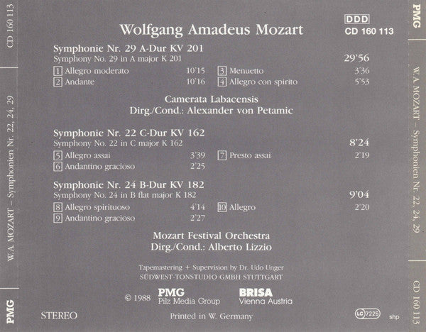 Wolfgang Amadeus Mozart, Camerata Labacensis, Mozart Festival Orchestra (2), Alexander von Pitamic, Alberto Lizzio : Symphonien Nr. 22, 24 und 29 (CD, Comp)