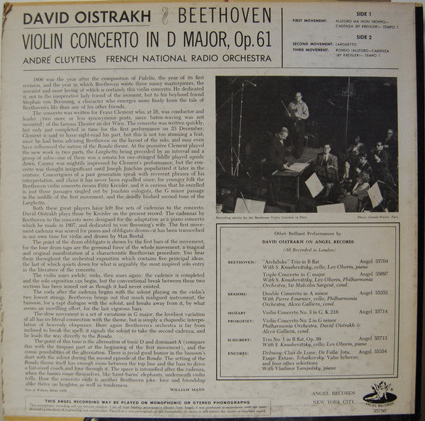 Ludwig Van Beethoven, David Oistrach, Orchestre National De France, André Cluytens : Violin Concerto (LP, Album, Mono, RP, Scr)