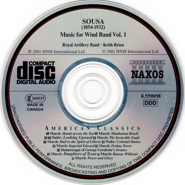 John Philip Sousa, The Band Of The Royal Artillery, Keith Brion - Music For Wind Band, Volume 1 (CD) (VG) - Endless Media