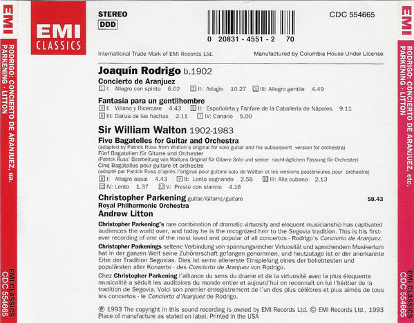 Joaquín Rodrigo, Sir William Walton, Christopher Parkening, Royal Philharmonic Orchestra · Andrew Litton - Concierto De Aranjuez / Fantasia Para Un Gentilhombre / Five Bagatelles For Guitar And Orchestra (CD) (VG+) - Endless Media