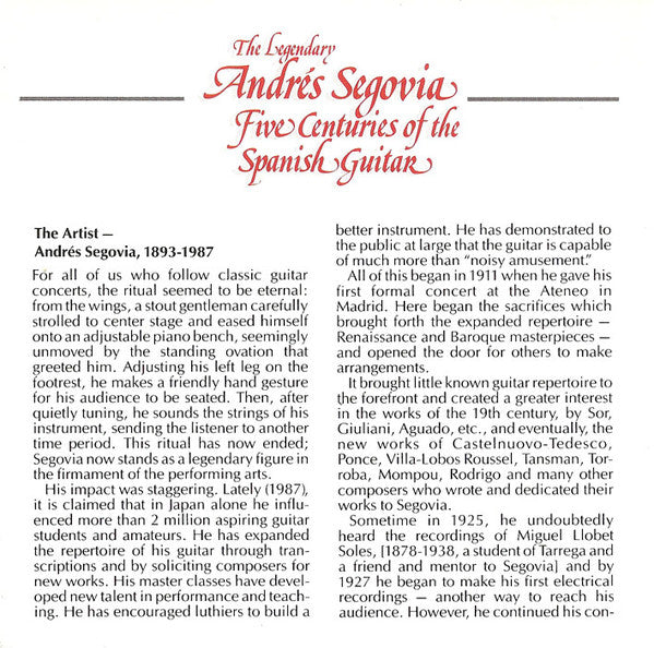 Andrés Segovia - Luis De Milán, Luis de Narváez, Gaspar Sanz, Fernando Sor, Federico Moreno Torroba, Enrique Granados, Frederic Mompou - The Segovia Collection, Vol. 5: Five Centuries Of The Spanish Guitar (CD) (VG) - Endless Media