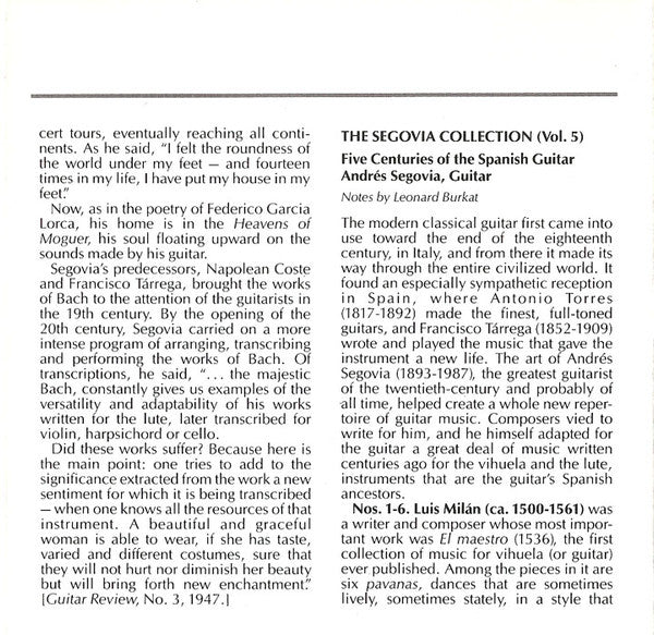 Andrés Segovia - Luis De Milán, Luis de Narváez, Gaspar Sanz, Fernando Sor, Federico Moreno Torroba, Enrique Granados, Frederic Mompou - The Segovia Collection, Vol. 5: Five Centuries Of The Spanish Guitar (CD) (VG) - Endless Media