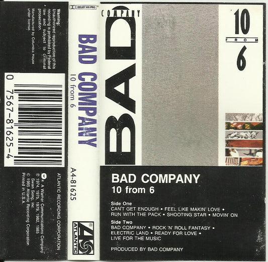 Bad Company  - 10 From 6 (Cassette) (VG) - Endless Media