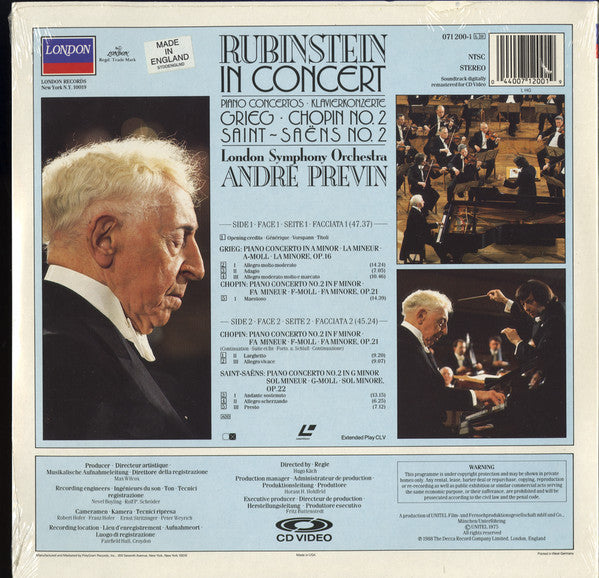 Arthur Rubinstein, London Symphony Orchestra, André Previn : Piano Concertos Grieg Chopin Saint-Saens (Laserdisc, 12", Album, NTSC, Ext)