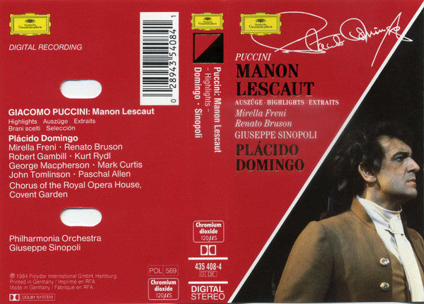 Placido Domingo / Giacomo Puccini : Mirella Freni · Renato Bruson · Giuseppe Sinopoli - Manon Lescaut (Auszüge · Highlights · Extraits) (Cassette) (VG+) - Endless Media