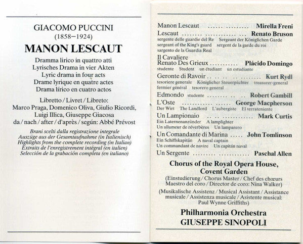 Placido Domingo / Giacomo Puccini : Mirella Freni · Renato Bruson · Giuseppe Sinopoli - Manon Lescaut (Auszüge · Highlights · Extraits) (Cassette) (VG+) - Endless Media