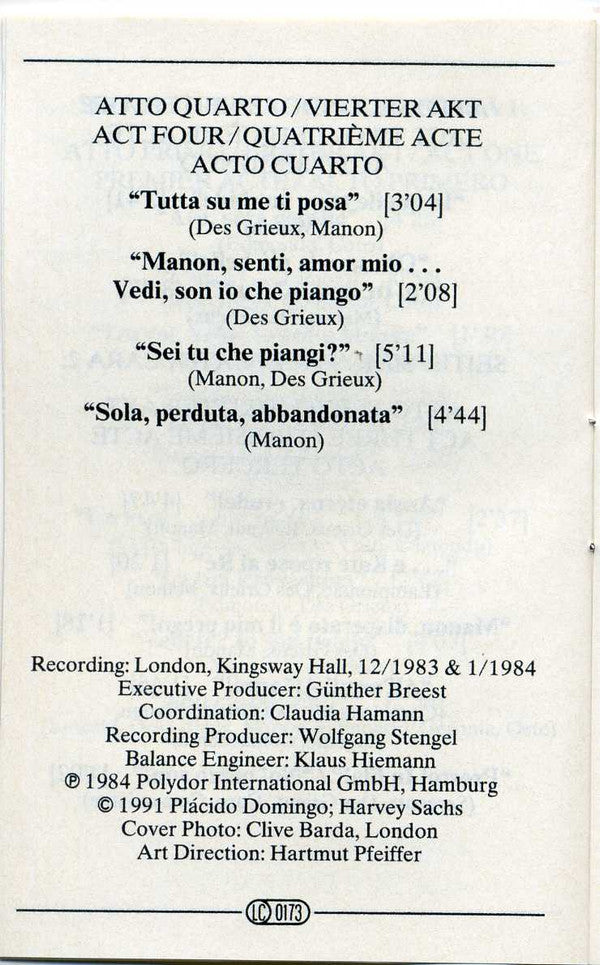 Placido Domingo / Giacomo Puccini : Mirella Freni · Renato Bruson · Giuseppe Sinopoli - Manon Lescaut (Auszüge · Highlights · Extraits) (Cassette) (VG+) - Endless Media