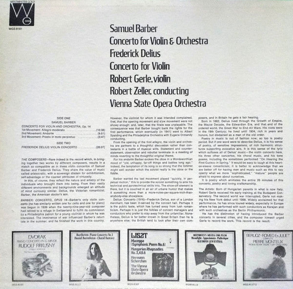 Samuel Barber / Frederick Delius : Robert Gerle, Robert Zeller, Orchester Der Wiener Staatsoper - Concerto For Violin And Orchestra / Concerto For Violin (LP) (VG+) - Endless Media