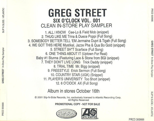 Greg Street - Six O'Clock Vol. 001 (Clean In-Store Play Sampler) (CD) (NM or M-) - Endless Media